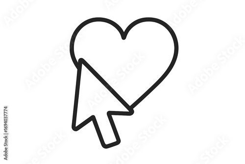 Cursor pointer clicking on heart outline. Like button, favorite symbol, social media approval. Concept for online dating, romance, charity, donation, add to wishlist.
