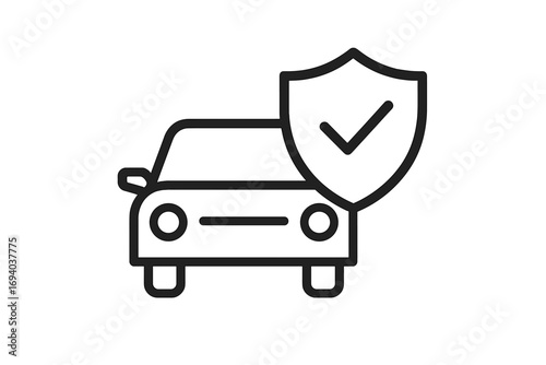 Car insurance linear icon. Auto protection and security symbol. Vehicle safety and warranty concept. Shield with checkmark for guaranteed service and approved repair sign.