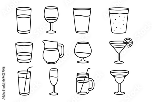 Drink and beverage glasses thin line icon set. Glassware collection for water, juice, wine, cocktails, beer. Vector linear pictogram pack for bar menu, cafe, restaurant, web.