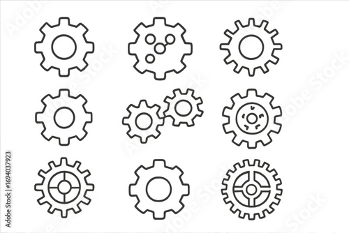 Collection of gear and cogwheel line icons. Vector icon set for industry, mechanics, and engineering concepts. Outline symbols for settings, process, system, teamwork.