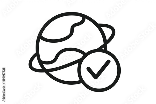 Global approval planet checkmark icon. World success, international verification. Earth certified symbol. Quality confirmed concept for web and apps. Eco-friendly linear logo.
