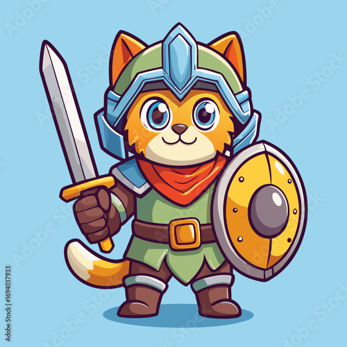 cute cat warrior cartoon is holding a sword and a shield bravely