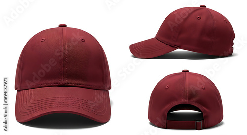 Burgundy baseball cap shown from three angles: front, side, and back views.