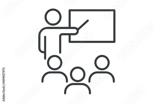 Business presentation line icon. Training, meeting, seminar concept. Teacher with whiteboard in classroom. Leader coaching audience. Education, lecture, workshop vector symbol.