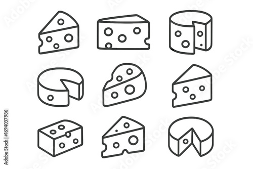 Cheese line icon set. Minimalistic linear pictograms for web and graphic design. Swiss, cheddar, parmesan food symbols for apps, banners, and menus. Vector dairy collection.