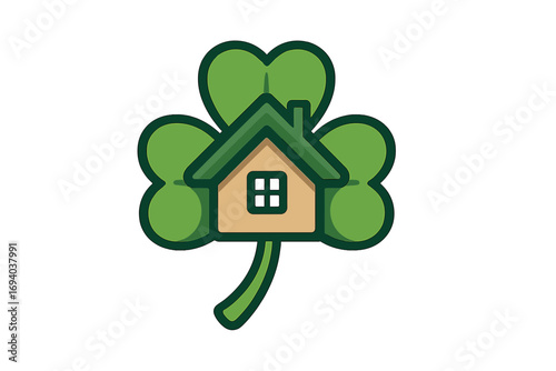 Green shamrock leaf with house icon logo design, eco-friendly home symbol, nature-inspired real estate vector, cartoon style, sustainable living, environmental concept, Saint Patrick's Day theme