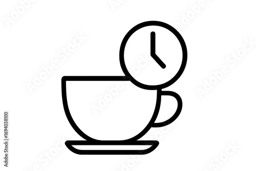 Coffee break time icon. Tea time concept with clock and cup symbol for schedule, deadline, and productivity. Minimalist thin outline vector for web, graphic design, apps.