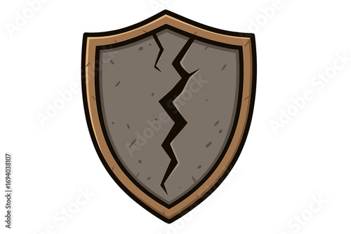 Cracked shield vector icon. Concept of vulnerability, broken protection, and failed security. Damaged defense symbol for games. Metaphor for risk, danger, and loss.