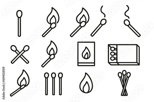 Minimalistic Matchstick Line Icons Set for Graphics, Design, and Banners. Vector Cartoon Illustration with Transparent Background. Fire, Flame, Burning, and Safety Concepts.