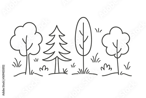 Linear cartoon style vector illustration of diverse tree types in forest landscape with transparent background, graphic design element set for apps and nature concepts