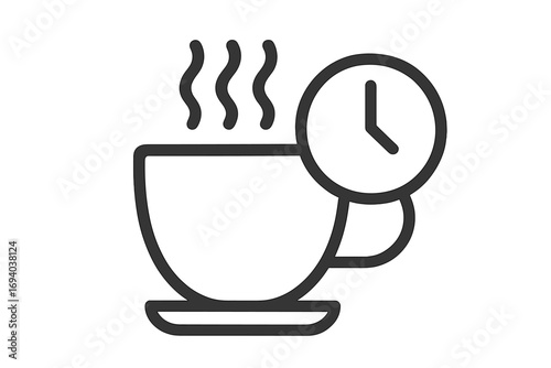 Coffee break time icon. Hot drink mug with steam and clock. Tea time concept. Morning routine, deadline, and time management symbol. Minimalist thin line vector for web.