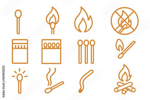 Minimalistic Matchstick Line Icons Set, Vector Cartoon Fire and Flame Symbols for Graphics, Design, Banners, Transparent Background, Safety, Ignition, Camping Elements
