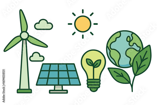 Green renewable energy sources for sustainability vector illustration with wind turbine, solar panel, eco light bulb, sun, earth globe and leaves, environmental protection concept