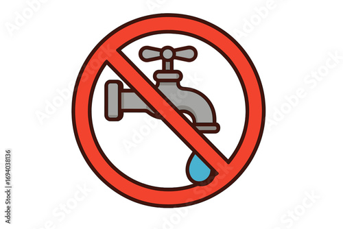 No water sign. Do not drink symbol. Faucet in red prohibition circle. Concept of water saving, conservation, crisis, shortage, drought. Not drinking water. Dripping tap forbidden.