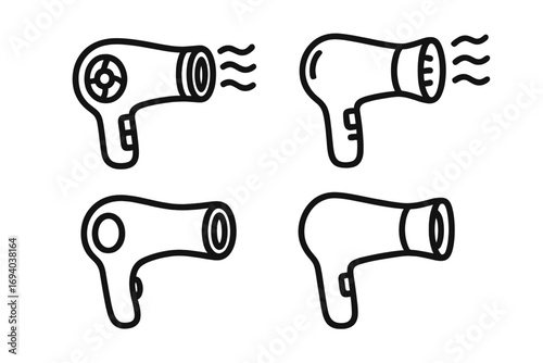 Hair dryer line icon set. Blow dryer vector collection. Hair care and beauty salon styling equipment symbol. Hairdryer pictogram for web, apps. Hot air flow illustration.