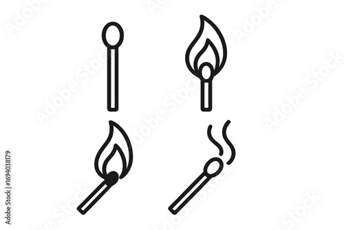 Modern matchstick icons set, outline style vector design, burning and extinguished matches, cartoon illustration for social networks, apps, cards, transparent background