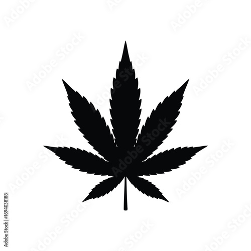 Black silhouette of a cannabis leaf icon. Simple marijuana plant symbol isolated on a white background. Vector graphic illustration for design