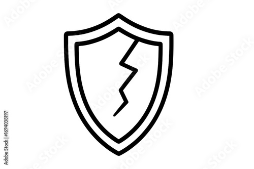 Broken shield linear icon. Cracked defense symbol. Concept for failed protection, vulnerability, data leak, cyber attack, and security risk. Vector illustration for danger.
