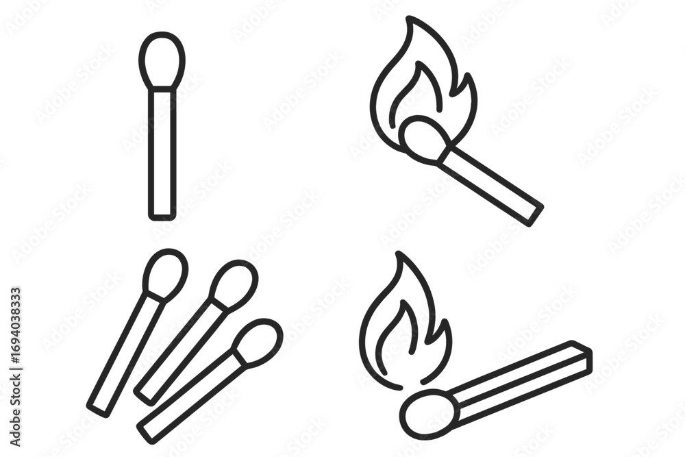 Fototapeta premium Matchstick outline icons vector set, linear style matches with flame and unlit options, cartoon illustration for graphic design, web, apps, adverts, card design, transparent background