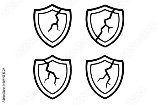 Cracked shield vector icon set. Symbol of broken protection, vulnerability, and security failure. Damaged safety emblem for concepts of risk, data breach, and attack.