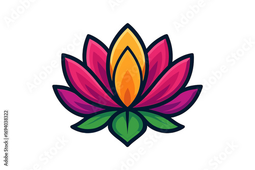 Colorful lotus flower logo design, infinite beauty symbol, vibrant cartoon vector illustration, spiritual floral icon, green leaves, orange and pink petals, transparent background
