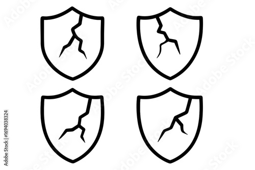 Cracked shield icon set. Symbol of broken protection, vulnerability, and security failure. Vector illustration for concepts of risk, data breach, danger and insecurity.