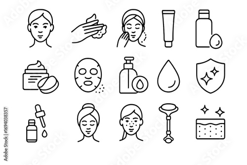 Skin care line icon set. Beauty, cosmetology, dermatology concept. Minimalist vector pictograms for web. Facial treatment, cream, serum, mask, cleansing, moisturizing symbols.