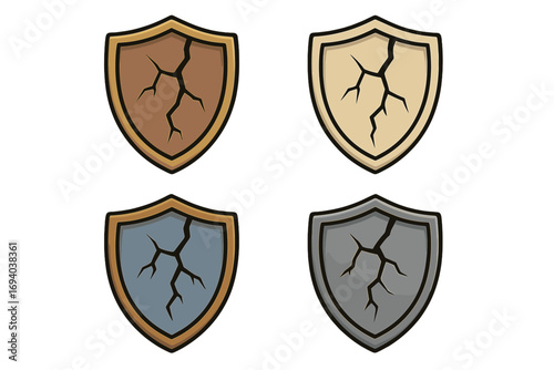 Cracked shield icon set. Metaphor for vulnerability, risk, and data breach. Broken defense and protection symbol. Damaged armor graphic element for games and apps.