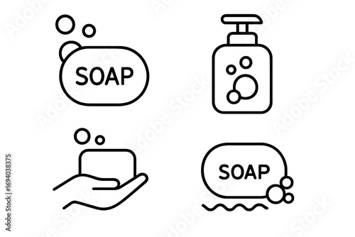 Soap line icon set. Hygiene and cleanliness pictograms. Vector symbols for hand washing, soap bar, liquid dispenser with bubbles. Sanitation, health, and skincare outline icons for web.