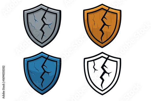 Cracked shield set for game UI. Broken defense icon. Vulnerability, risk, and failure metaphor. Damaged protection symbol. Security breach concept. Vector cartoon illustration.