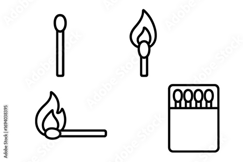 Matchstick vector illustration with flame outline, linear style set of burning and unlit matches, cartoon design for apps, web, adverts, cards, graphic resources, transparent background