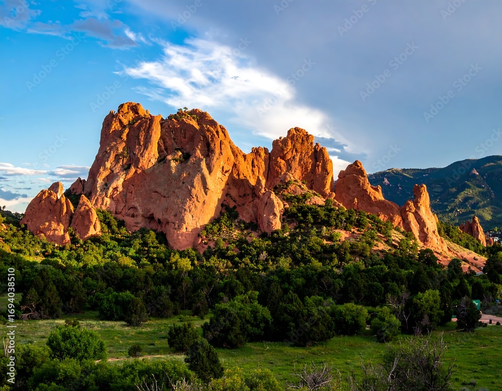 Fototapeta premium Majestic red rock formations bathed in golden sunlight