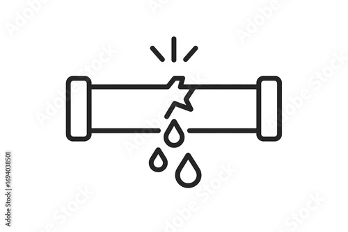 Broken pipe line icon. Water leak from damaged pipeline pictogram. Plumbing problem, burst pipe or water supply tube failure concept. Emergency leakage vector symbol.