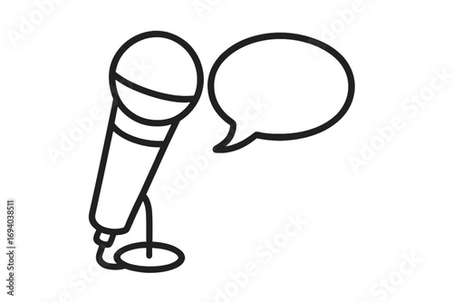 Microphone with speech bubble line icon. Podcast, interview, and public speaking concept. Voice recording and communication symbol. Sound broadcast or stand-up comedy logo.