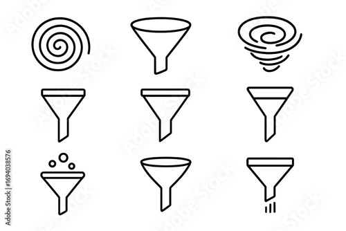 Filter and funnel line icon set. Vector outline symbols for data filtering, sales funnels, and conversion. Includes vortex and spiral icons for UI, UX, web design, and apps.