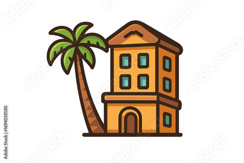 Tropical beach house with palm tree, summer vacation cottage, cozy island home, seaside bungalow, sunny holiday getaway, vacation rental, tropical architecture, vacation home vector