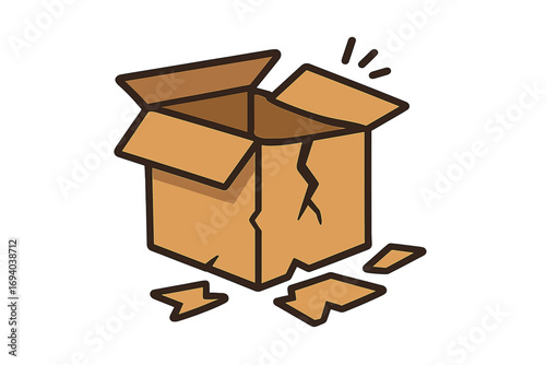 Broken cardboard box illustration with cracks and broken pieces, open damaged packaging concept, vector cartoon graphic for apps and design projects, transparent background