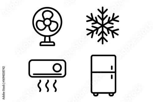Air conditioning and cold temperature vector icon set. Outline symbols of fan, snowflake, freezer, and refrigerator. Climate control, ventilation, and fresh cool air pictograms.