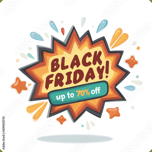 Vector illustration of Black Friday sale explosion with stars and text up to 70% off, isolated on a white background