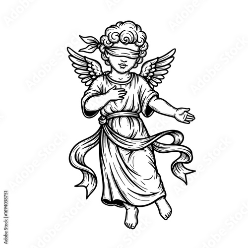Flying Cupid Angel with Blindfold and Wings - Black and White Vector