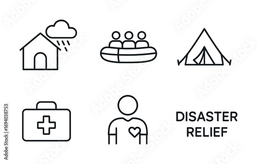 Disaster relief icons: shelter, evacuation, medical aid, humanitarian support