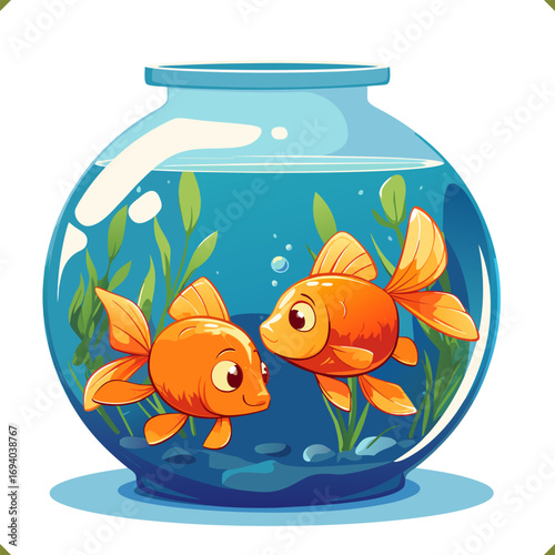 Vector illustration of goldfishes in round aquarium with plants and bubbles, isolated on a white background