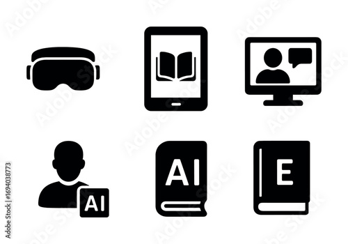 Education technology icons: vr headset, e-book, online learning, artificial intelligence