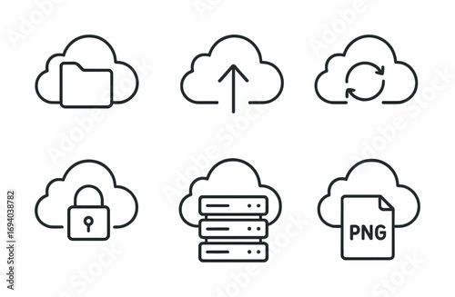 Cloud computing icons: file upload, sync, security, data storage, png format