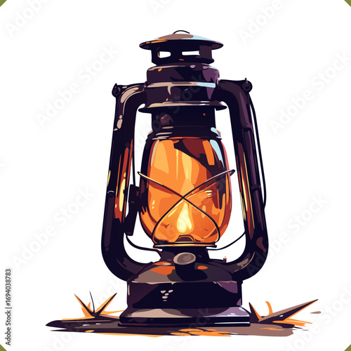 Vector illustration of vintage kerosene lamp glowing with warm light, rustic design, isolated on white background