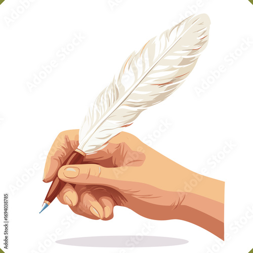 Vector illustration of human hand holding feather quill pen for writing, calligraphy, isolated on a white background