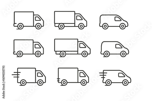 Delivery truck van icon set. Logistics and shipping concept. Transport vehicle thin line collection. Editable stroke. Fast courier service. Lorry, car, automobile symbols.