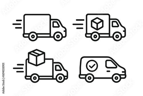 Delivery truck and van icon set. Logistics, shipping, and fast courier service concept. Cargo transport and distribution symbols for web and apps. Editable stroke vector line art.