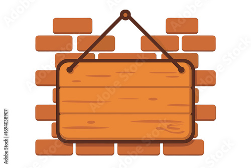 Wooden sign hanging on a brick wall. Blank wood plaque for text. Cartoon vector illustration with copy space. Empty signboard, banner, or frame for message or announcement.