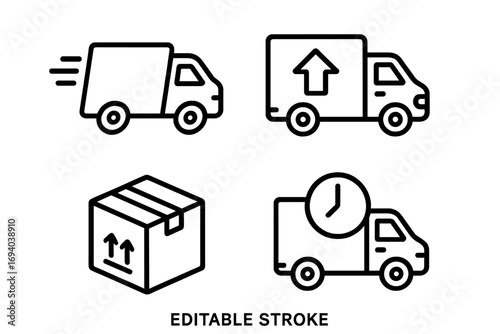 Delivery truck and shipping line icon set. Logistics, transport, and fast express delivery symbols. Vector icons of a van, car, package, box. Editable stroke for web and app.